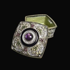 Vintage Style Filigree Trinket Box Purple Cabochon Green Enamel Crystal Inlay